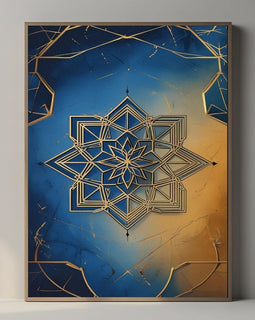Islamic Geometric Wall Art Printable, Blue Gold Mandala Pattern Print, Modern Islamic Home Decor, Digital Download