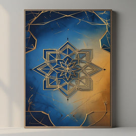 Islamic Geometric Wall Art Printable, Blue Gold Mandala Pattern Print, Modern Islamic Home Decor, Digital Download