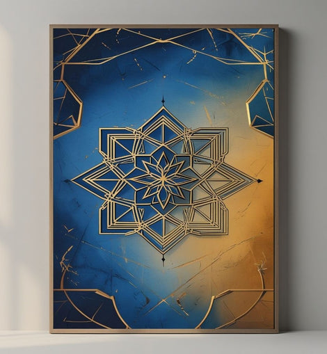 Islamic Geometric Wall Art Printable, Blue Gold Mandala Pattern Print, Modern Islamic Home Decor, Digital Download