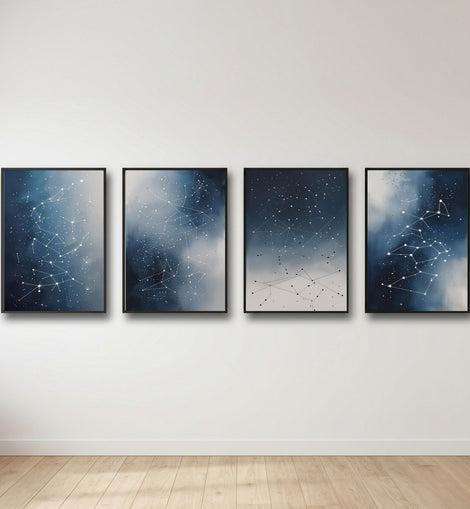 Juego de 4 cuadros de pared de constelaciones | Láminas de mapas de estrellas celestiales | Decoración de astronomía moderna | Descarga digital