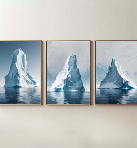 Iceberg Wall Art Set of 3 Printable, Arctic Ocean Landscape Prints, Coastal Minimalist Wall Decor, Digital Download