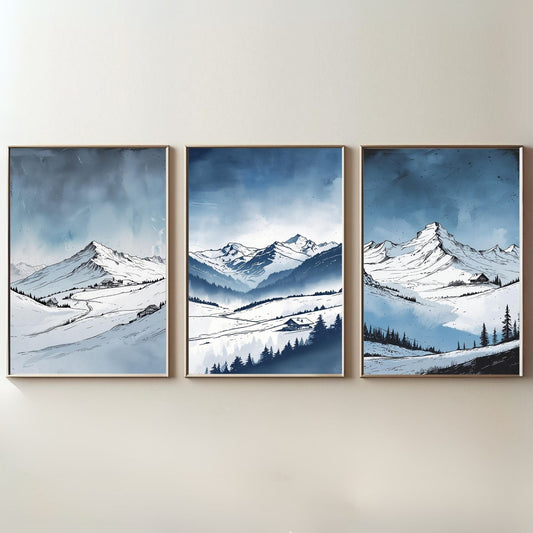 Set de 3 Láminas de Montañas, Impresiones de Paisajes Nevados, Decoración de Pared Moderna de Naturaleza, Descarga Digital