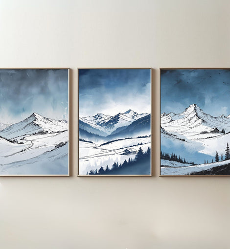 Mountain Wall Art Set of 3 Printable, Snow Mountain Landscape Prints, Modern Nature Wall Decor, Digital Download