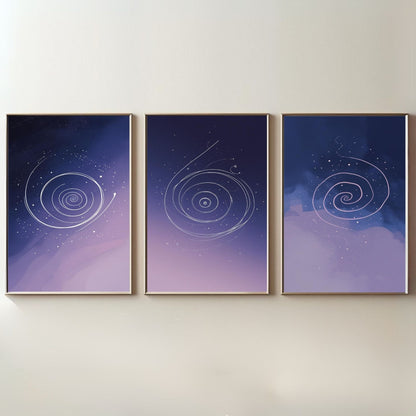 Celestial Spiral Wall Art Set of 3 | Purple Galaxy Printable Art | Cosmic Minimalist Decor | Abstract Space Wall Art | Modern Bedroom Poster Set | Digital Download