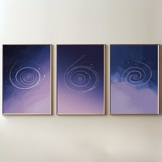 Juego de 3 piezas de arte de pared espiral celestial | Arte imprimible de galaxia púrpura | Decoración cósmica minimalista | Arte de pared espacial abstracto | Conjunto de pósteres modernos para dormitorio | Descarga digital