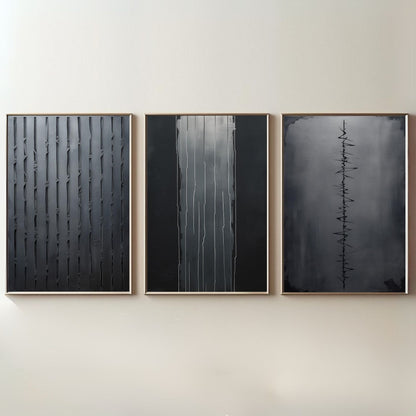 Set de 3 cuadros de arte de pared minimalistas en negro | Láminas abstractas modernas de líneas | Decoración monocromática contemporánea | Descarga digital