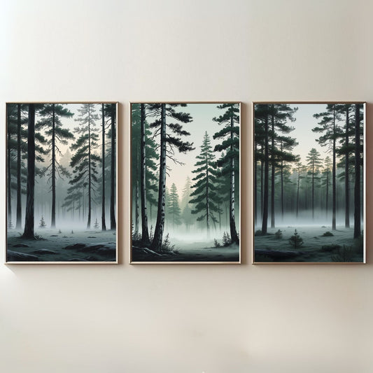 Juego de 3 cuadros de arte de bosque de pinos neblinoso | Láminas de bosque con niebla | Decoración nórdica de naturaleza | Obras de arte de bosque de hoja perenne | Descarga digital