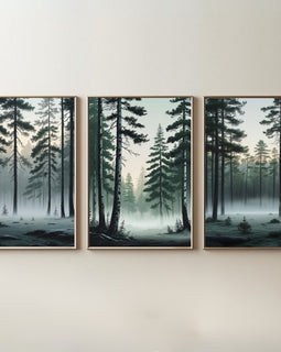 Misty Pine Forest Wall Art Set of 3 | Foggy Woodland Prints | Scandinavian Nature Decor | Evergreen Forest Artwork | Digital Download