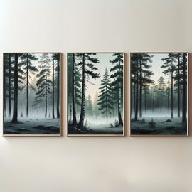 Misty Pine Forest Wall Art Set of 3 | Foggy Woodland Prints | Scandinavian Nature Decor | Evergreen Forest Artwork | Digital Download