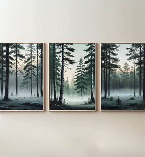 Misty Pine Forest Wall Art Set of 3 | Foggy Woodland Prints | Scandinavian Nature Decor | Evergreen Forest Artwork | Digital Download