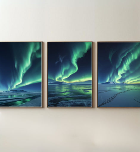 Northern Lights Wall Art Set of 3 Printable, Aurora Borealis Landscape Prints, Nordic Wall Decor, Digital Download