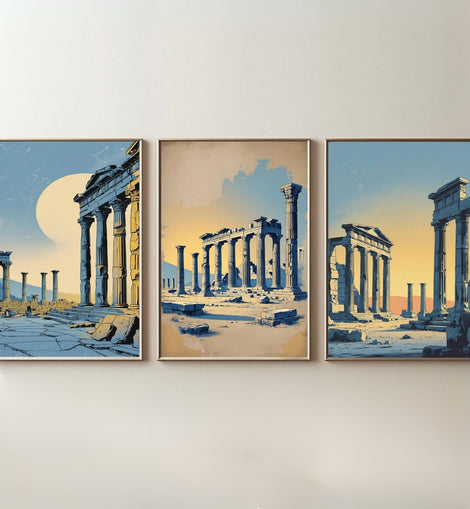 Ancient Greek Ruins Wall Art Set of 3 | Classical Architecture Prints | Historical Temple Decor | Mediterranean Antique Artwork | Digital Download