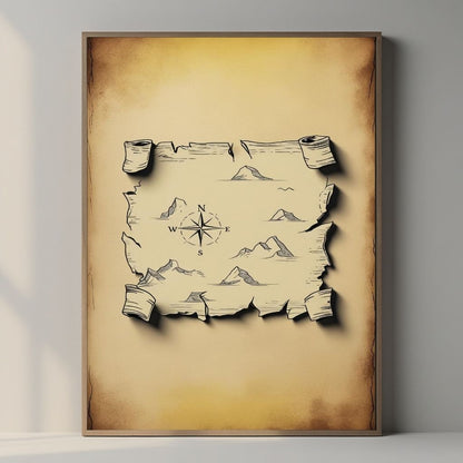 Mapa del tesoro imprimible para pared, impresión de mapa pirata vintage, decoración náutica antigua para el hogar, póster de aventura del viejo mundo, descarga digital