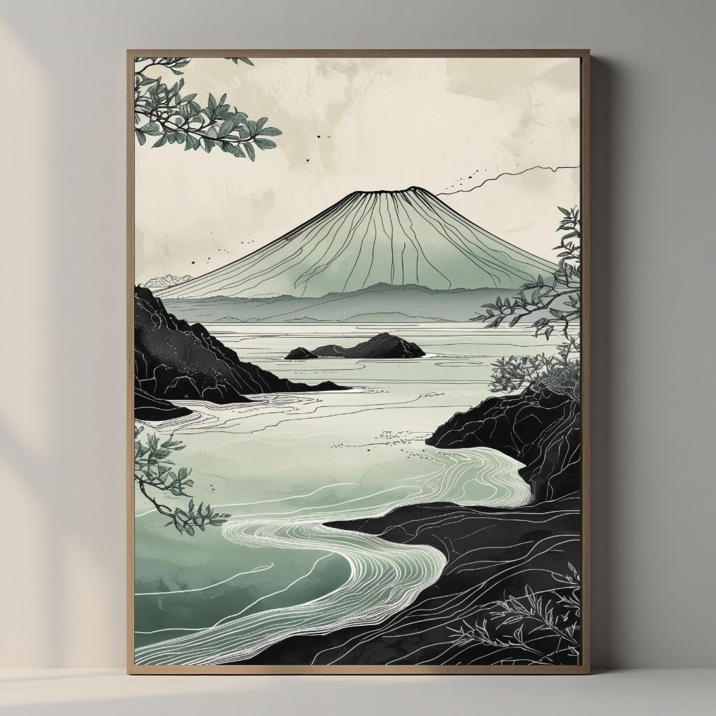 Arte de pared imprimible de paisajes volcánicos, lámina japonesa de naturaleza costera, decoración minimalista zen para el hogar, descarga digital