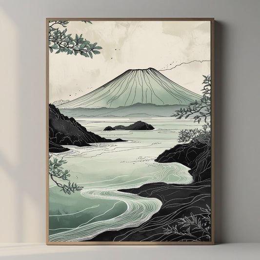 Arte de pared imprimible de paisajes volcánicos, lámina japonesa de naturaleza costera, decoración minimalista zen para el hogar, descarga digital