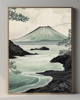 Arte de pared imprimible de paisajes volcánicos, lámina japonesa de naturaleza costera, decoración minimalista zen para el hogar, descarga digital