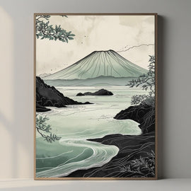 Volcanic Landscape Wall Art Printable, Japanese Coastal Nature Print, Minimal Zen Home Decor, Digital Download