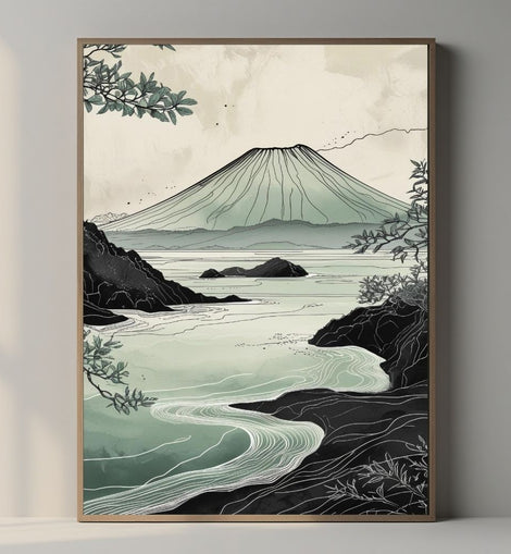 Volcanic Landscape Wall Art Printable, Japanese Coastal Nature Print, Minimal Zen Home Decor, Digital Download