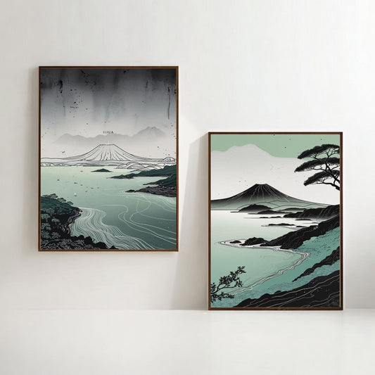 Mount Fuji Wall Art Set of 2 Japanese Coastal Landscape Prints, Zen Nature Decor, Printable Minimalist Artwork