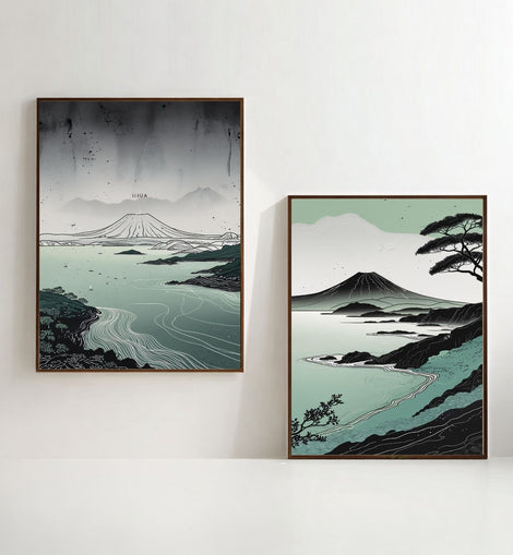 Mount Fuji Wall Art Set of 2 Japanese Coastal Landscape Prints, Zen Nature Decor, Printable Minimalist Artwork
