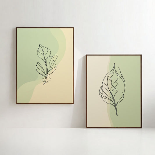 Set de 2 Cuadros Botánicos de Hojas Imprimibles, Láminas Escandinavas de Arte Lineal, Decoración del Hogar Neutra, Descarga Digital