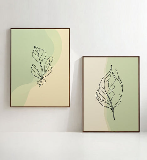 Set de 2 Cuadros Botánicos de Hojas Imprimibles, Láminas Escandinavas de Arte Lineal, Decoración del Hogar Neutra, Descarga Digital