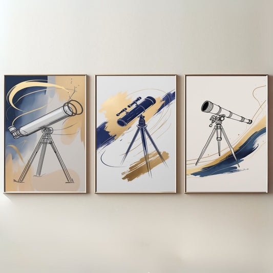 Set de 3 cuadros de telescopios para pared | Láminas de observatorio astronómico | Decoración para amantes del espacio | Ilustraciones científicas | Arte de pared celestial moderno | Descarga digital