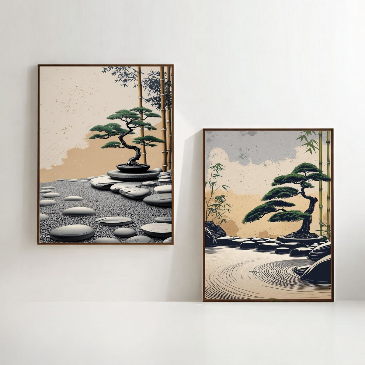 Juego de 2 láminas de arte de pared de jardín zen, impresiones de bonsái japonés, decoración de pared minimalista, descarga digital