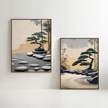 Juego de 2 láminas de arte de pared de jardín zen, impresiones de bonsái japonés, decoración de pared minimalista, descarga digital