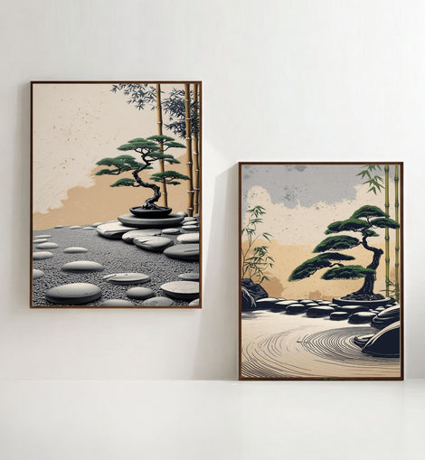 Zen Garden Wall Art Set of 2 Printable, Japanese Bonsai Prints, Minimalist Wall Decor, Digital Download