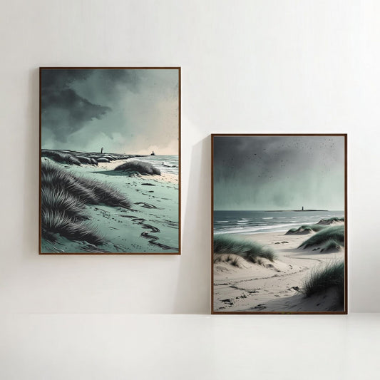 Juego de 2 láminas de arte de pared de playa costera, impresiones de paisajes marinos de dunas oceánicas, decoración de casa de playa, descarga digital