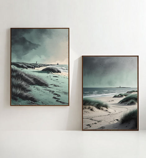 Juego de 2 láminas de arte de pared de playa costera, impresiones de paisajes marinos de dunas oceánicas, decoración de casa de playa, descarga digital