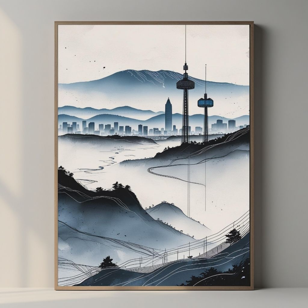 Arte de pared imprimible de paisaje urbano moderno, póster minimalista del horizonte, decoración urbana contemporánea de montaña, impresión de descarga digital