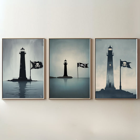 Juego de 3 cuadros de pared Faro Pirata | Láminas náuticas costeras | Decoración de aventuras marítimas | Descarga digital
