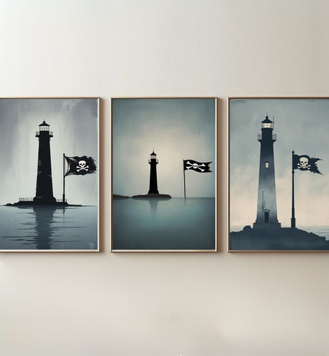 Pirate Lighthouse Wall Art Set of 3 | Nautical Coastal Prints | Maritime Adventure Decor | Digital Download