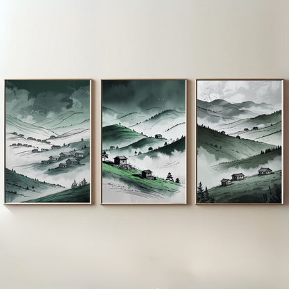 Juego de 3 cuadros de pared Valle de la Montaña Verde | Láminas de paisajes de colinas neblinosas | Decoración rústica campestre | Descarga digital