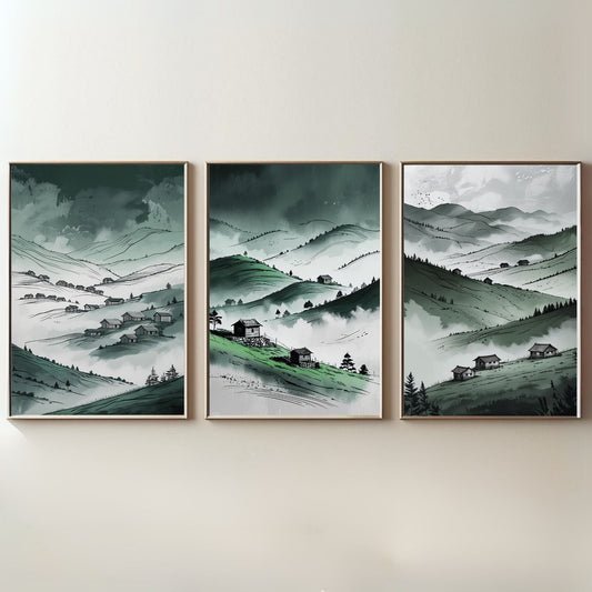 Juego de 3 cuadros de pared Valle de la Montaña Verde | Láminas de paisajes de colinas neblinosas | Decoración rústica campestre | Descarga digital