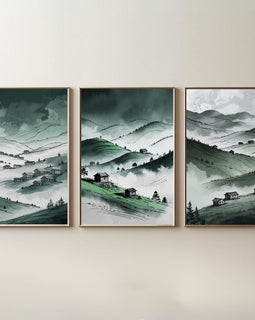 Juego de 3 cuadros de pared Valle de la Montaña Verde | Láminas de paisajes de colinas neblinosas | Decoración rústica campestre | Descarga digital
