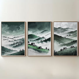 Green Mountain Valley Wall Art Set of 3 | Misty Hills Landscape Prints | Rustic Countryside Decor | Digital Download