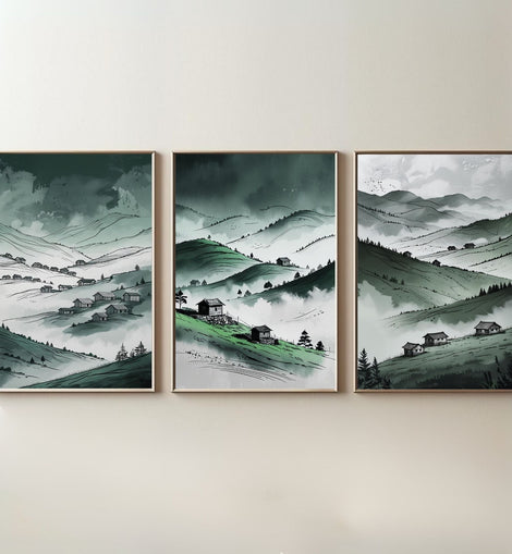 Green Mountain Valley Wall Art Set of 3 | Misty Hills Landscape Prints | Rustic Countryside Decor | Digital Download