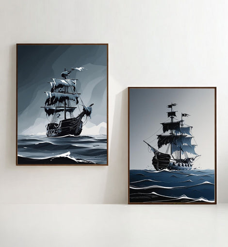 Set de 2 cuadros de pared de Barco Fantasma para imprimir, Láminas náuticas vintage de océano y vela, Decoración costera marítima, Descarga digital