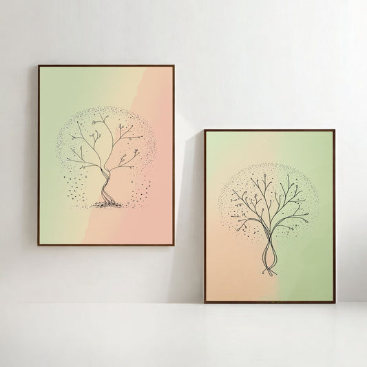 Set de 2 cuadros de pared de árbol abstracto, impresiones de arte lineal botánico, decoración moderna de pared de naturaleza, descarga digital
