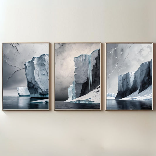 Juego de 3 cuadros de pared de iceberg ártico | Láminas de paisajes glaciares | Decoración costera moderna de la naturaleza | Descarga digital