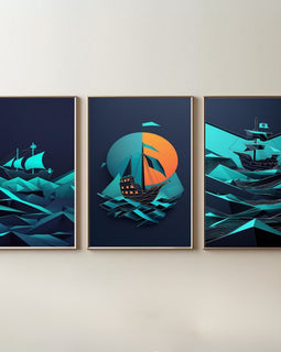 Set de 3 piezas de arte de pared de barco pirata geométrico | Arte náutico moderno imprimible | Decoración abstracta de barco de vela | Arte de pared de aventura oceánica | Decoración costera para el hogar | Descarga digital