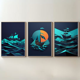 Geometric Pirate Ship Wall Art Set of 3 | Modern Nautical Printable Art | Abstract Sailing Ship Decor | Ocean Adventure Wall Art | Coastal Home Decor | Digital Download