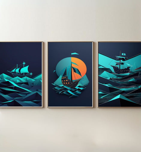 Geometric Pirate Ship Wall Art Set of 3 | Modern Nautical Printable Art | Abstract Sailing Ship Decor | Ocean Adventure Wall Art | Coastal Home Decor | Digital Download
