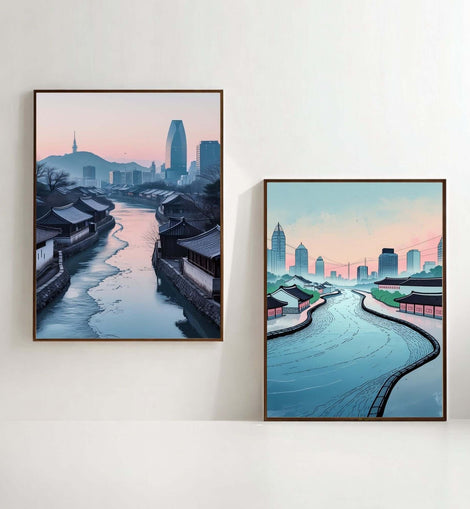 Korean Cityscape Wall Art Set of 2 | Traditional Village & Modern Skyline Prints | Asian Architecture Decor | Seoul Inspired Artwork | Printable Wall Decor