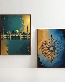 Islamic Wall Art Set of 2 | Mosque & Geometric Mandala Prints | Modern Muslim Home Decor | Blue Gold Islamic Artwork | Ramadan Eid Wall Art Printable