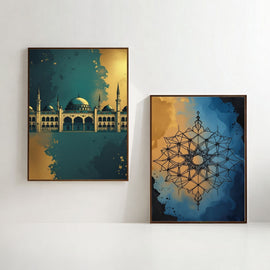 Islamic Wall Art Set of 2 | Mosque & Geometric Mandala Prints | Modern Muslim Home Decor | Blue Gold Islamic Artwork | Ramadan Eid Wall Art Printable