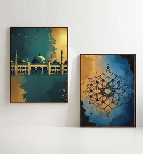 Islamic Wall Art Set of 2 | Mosque & Geometric Mandala Prints | Modern Muslim Home Decor | Blue Gold Islamic Artwork | Ramadan Eid Wall Art Printable